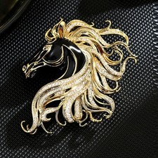 Fashion Style Gold Tone Steed Horse Black Zircon Crystal Brooch Pin Jewelry Gift