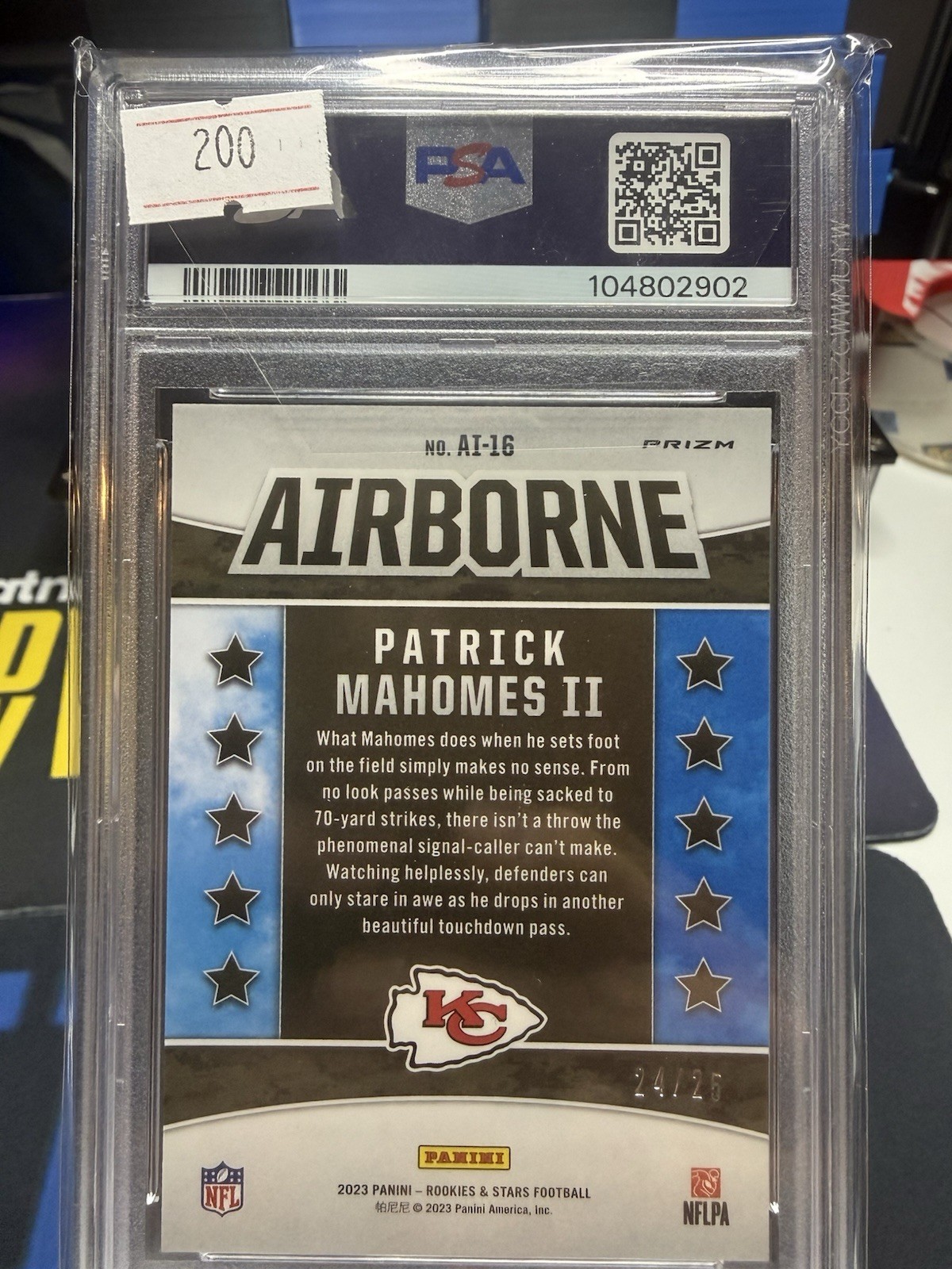 2023 Panini Rookies & Stars Patrick Mahomes Airborne Orange Parallel PSA 10 /25 view 2