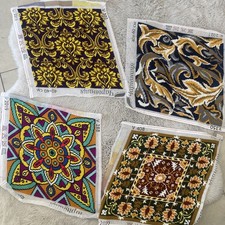 Lot of 4 Finished Needlepoint Flowers on Canvas Unframed