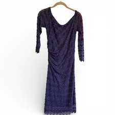 David Meister Navy Blue Lace Metallic 3/4 Sleeve Midi Cocktail Dress Size 8