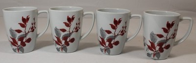 SET OF 4 Corelle Coordinates Porcelain Red Grey Kyoto Leaves Sqaure Mug Cup