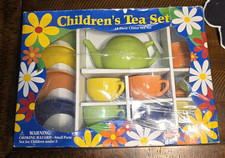 Schylling 13-Piece Children's China Tea Set Multicolor with Green Teapot