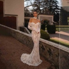 Off-Shoulder Lace Wedding Dress Long Sleeve Sweetheart Bridal Gown with Train