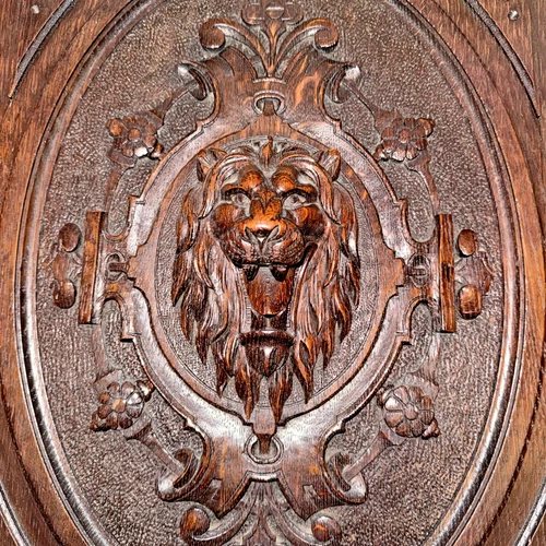 Antique Lion Oak wood carved wall plaque panel decorative wall hanging 1930's