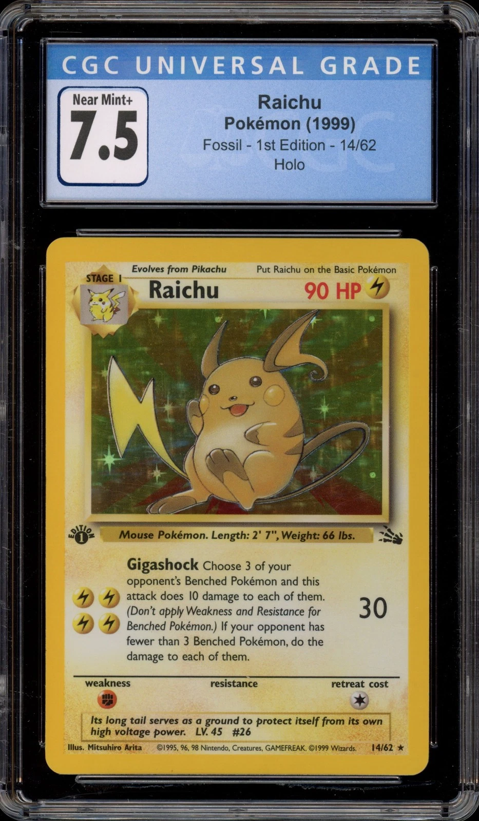 Pokemon Raichu Fossil 1st Edition Holo Rare #14 CGC 7.5