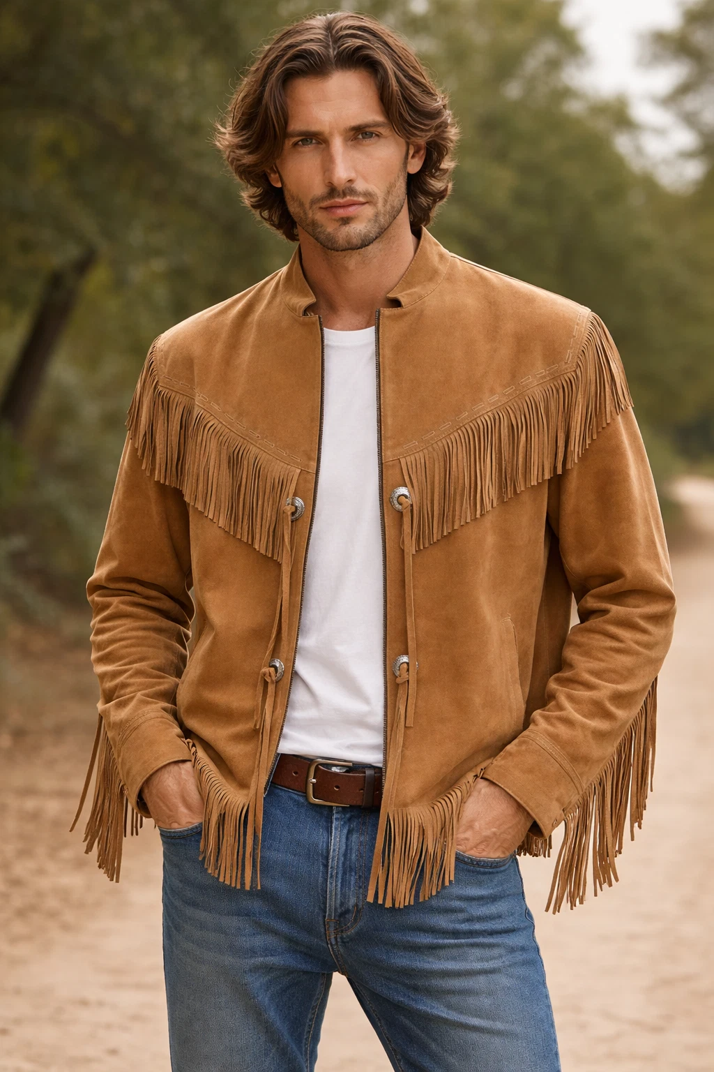 Mens Brown Suede Fringe Leather Jacket Western Cowboy Style Genuine Leather Coat