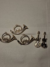 5 Vintage Gold Plastic Miniature French Horn Violin Ornaments