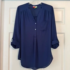 Women's ModCloth Fervour Blouse Size M Navy Roll-Tab Sleeve