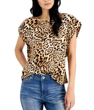 Inc International Concepts  Brown Leopard Animal Print Top Shirt Sleeve Size M