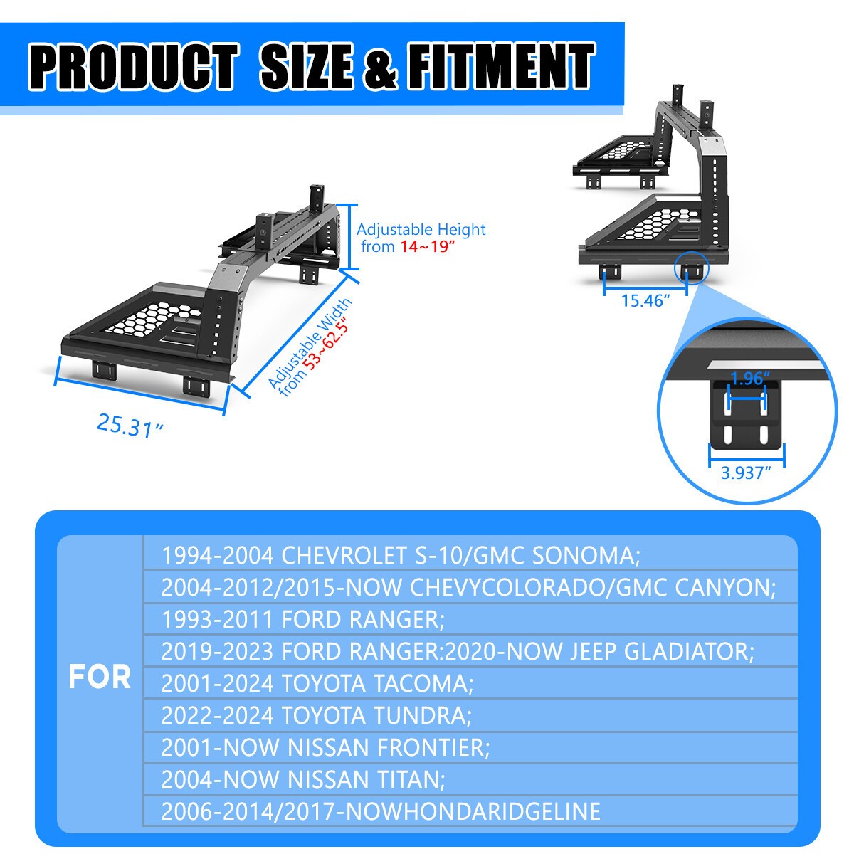 Adjustable Roll Sport Bar For 2017 2018-2025 Honda Ridgeline Chase Rack Bed Bar