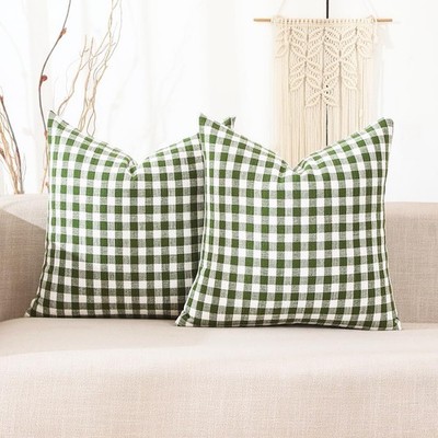 CARRIE HOME Sage Green Farmhouse Plaid Pillow Covers 18x18 Set of 2, Spring O...