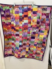 Handmade Patchwork Baby Quilt 31x37 Colorful Cotton Lap Blanket Purple Binding