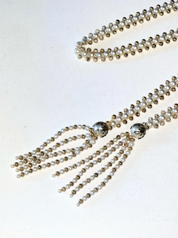 "Collar bufanda larga vintage simulado marfil y perlas doradas con borlas 46""" Foto 4 de 4