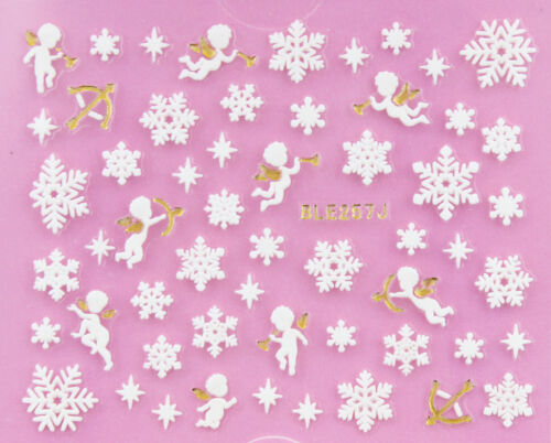 Christmas PUFFY WHITE Snowflakes Gold Angels Xmas 3D Nail Art Sticker Decals - Zdjęcie 1 z 1
