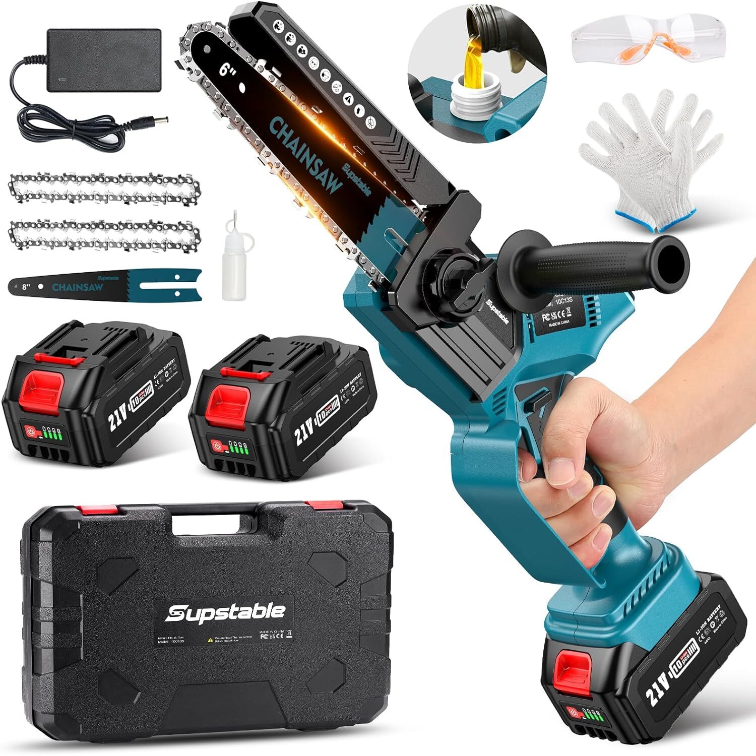 Tronçonneuse à batterie Supstable 8 pouces avec deux batteries 8000mAh