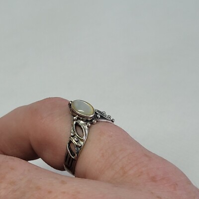 Bague Ancienne En Argent Massif 925 Et Nacre - Taille 53 - Style Chevron - Occasion Comme Neuve