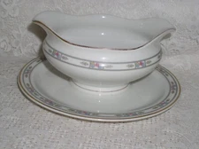 O.P. Co. Syracuse China Orleans Pink Flower Blue Gray Gravy Boat w Underplate