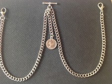 Double Albert Pocket Watch Chain with "Lucky" ER II Sixpence Fob,silver coloured