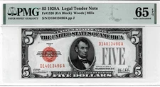1928A $5 Legal Tender note--fr. 1526 (DA Block)  PMG GEM UNC 65 EPQ