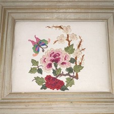 Cottage core Needlepoint Floral Butterfly Wall Art Picture, Approx. 14  x 12  