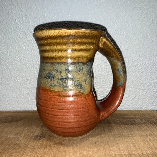 Stoneware Pottery Coffee Mug Cup Comfy Handle Gold Blue Rust Drip Glaze 5" Tall