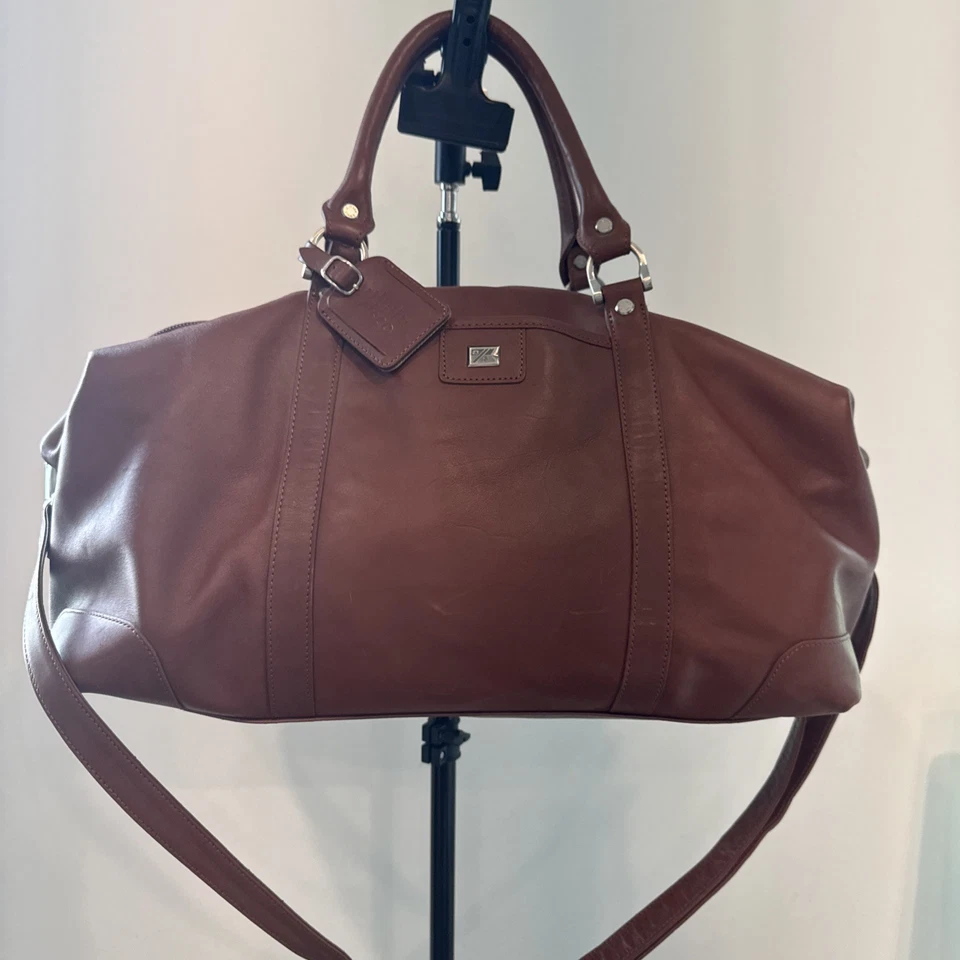 Excellent Cutter & Buck Large 19" Brown Leather Weekender Duffel Travel Bag - Image 3 of 4