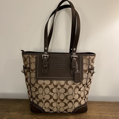 Coach Signature Tote Bag Brown Tan Canvas Leather Shoulder Purse