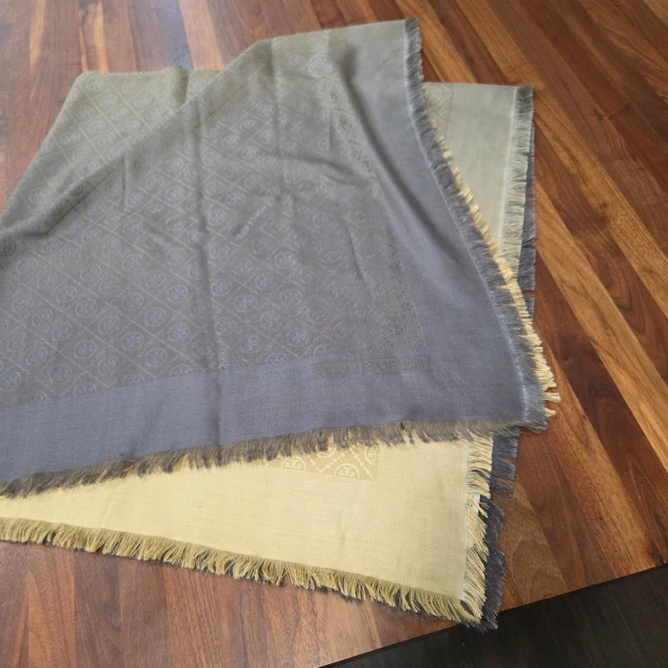 Tory Burch T Monograma Viajero Bufanda Jaquared Tejido Logo Pestañas Borde Seda Lana Foto 2 de 4