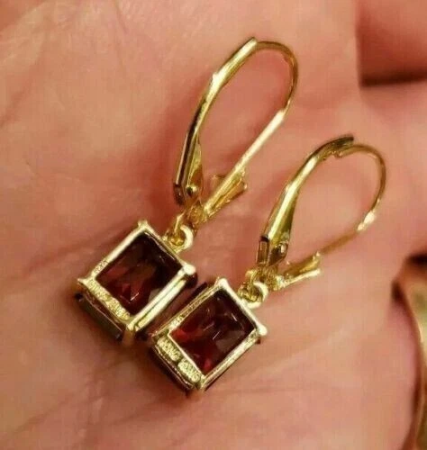 2Ct Emerald Cut Lab Created Red Ruby Drop Dangle Earrings 14K Yellow Gold Plated - Image 4 of 4