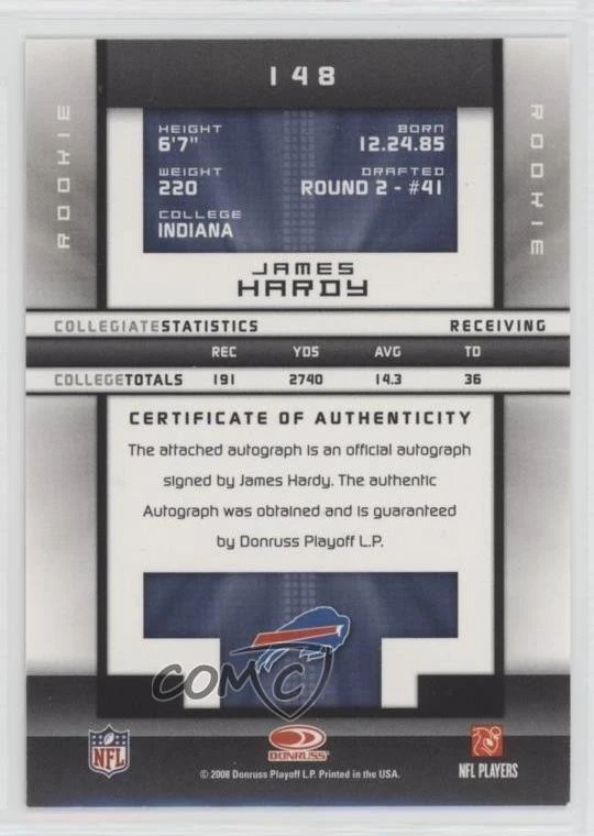 2008 Donruss Elite Rookie /299 James Hardy #148 Rookie Auto RC - Image 2 of 2