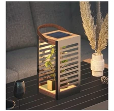 Outdoor Hanging Solar Lantern, Woodgrain Metal, Display For Plants, 13x8x8