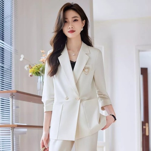 Tailleur Complet Femme Ensemble Veste Blazer Slim Pantalon Beige 36943