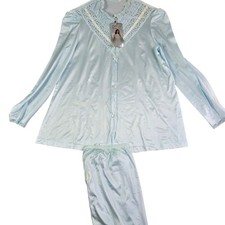 Vintage Sears Satin Pajama Set Women Med Blue Captiva Nylon Lace Trim Pastel NWD