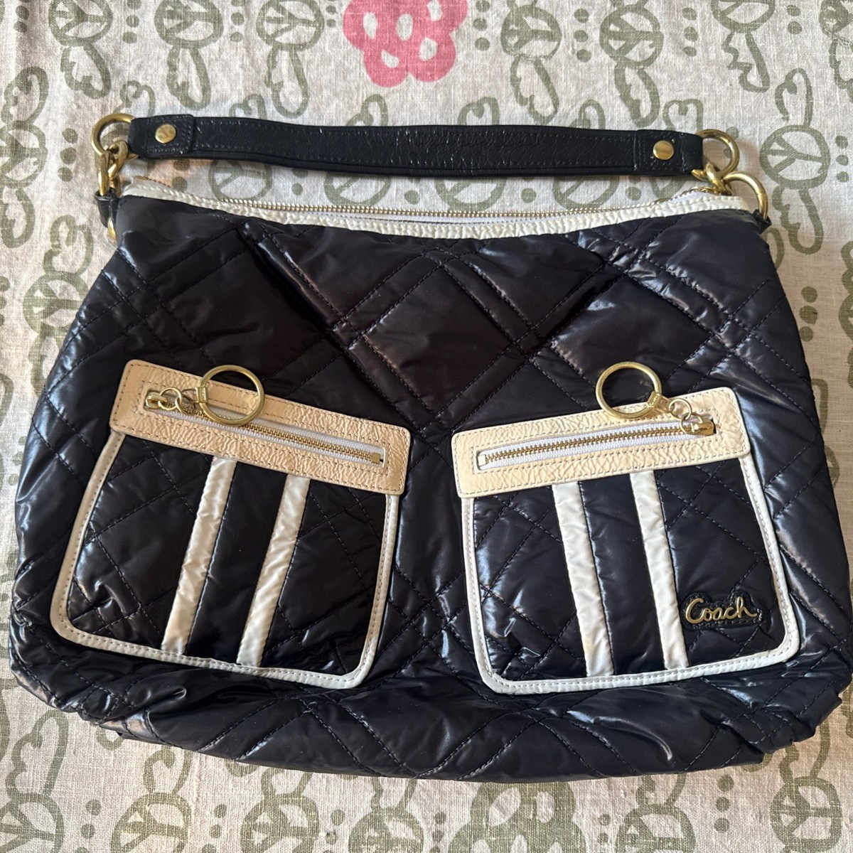 Coach 15872 Poppy Ski Bunny Shoulder Bag Black Nylon Patent