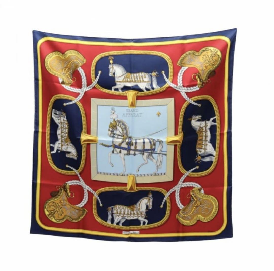 Hermes Carre 90 Silk Scarf Large Horse Design Navy Excellent Used No Box Auth