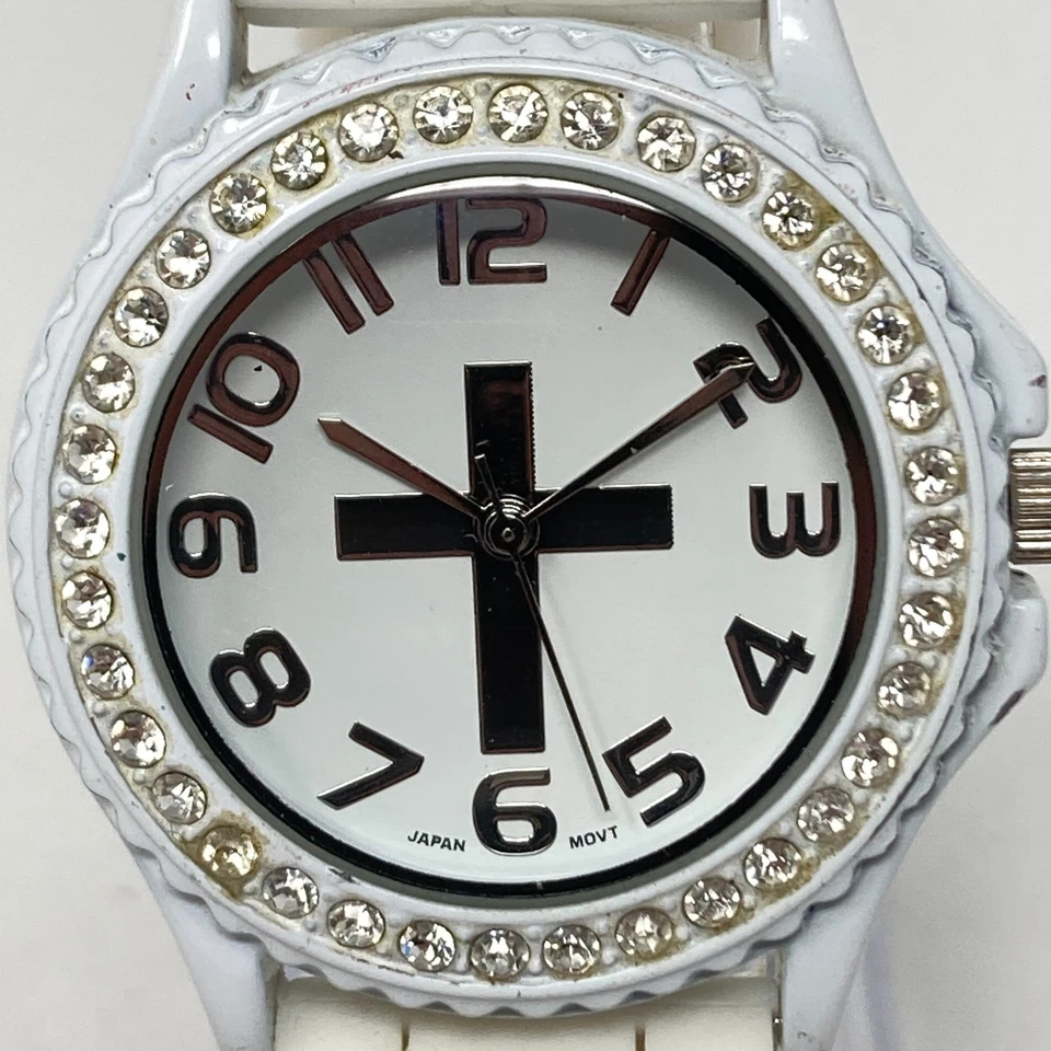 Geneva Watch Women 38mm Cross White Christian Crystal Bling New Battery 9" - Image 2 of 4