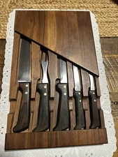 Vtg West Bend Stainless Knife Set USA Wood Handles w/ Hanging Wood Case 6 Pc