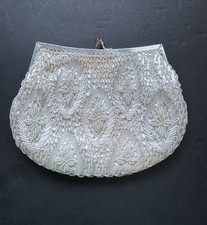 Vintage Handmade In Hong Kong Beaded Clutch Purse Kiss Lock Ivory Color 8  x6  