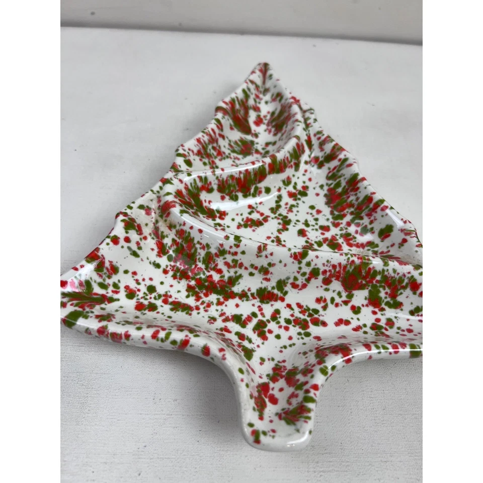VTG Ceramic Christmas Tree Divided Tray Atlantic Mold Green Splatter Candy Dish - Image 4 of 4