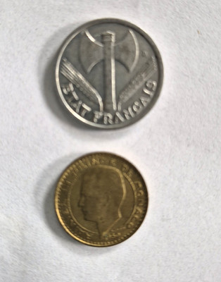 Pair of 2 coins = Monaco 1950 10 Francs  AND 1943 1 franc