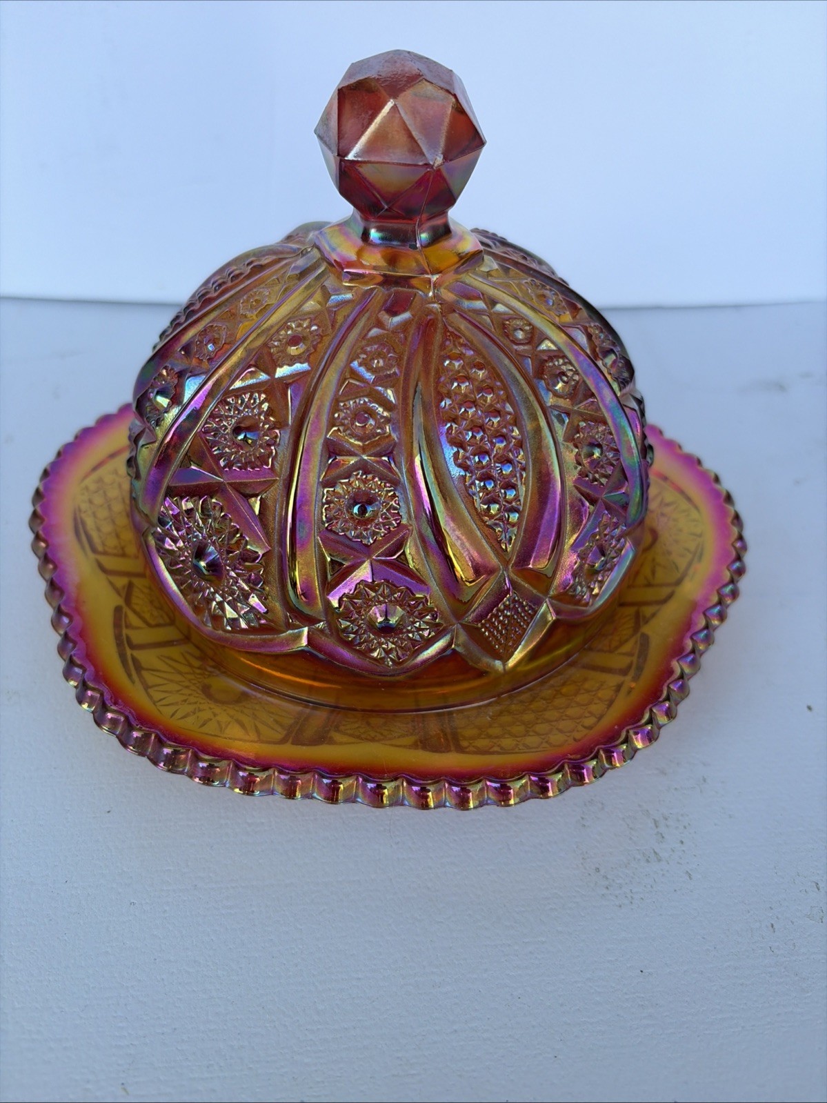 Beautiful Indiana Glass Heirloom Sunset Red Carnival Glass Butter Dish