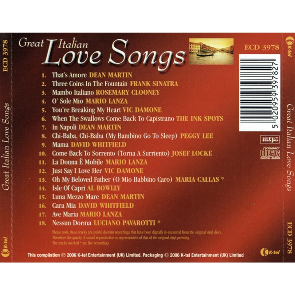 Отличные итальянские любовные песни различных исполнителей (CD, 2006, K-tel Entertainment) - Изображение 2 из 3