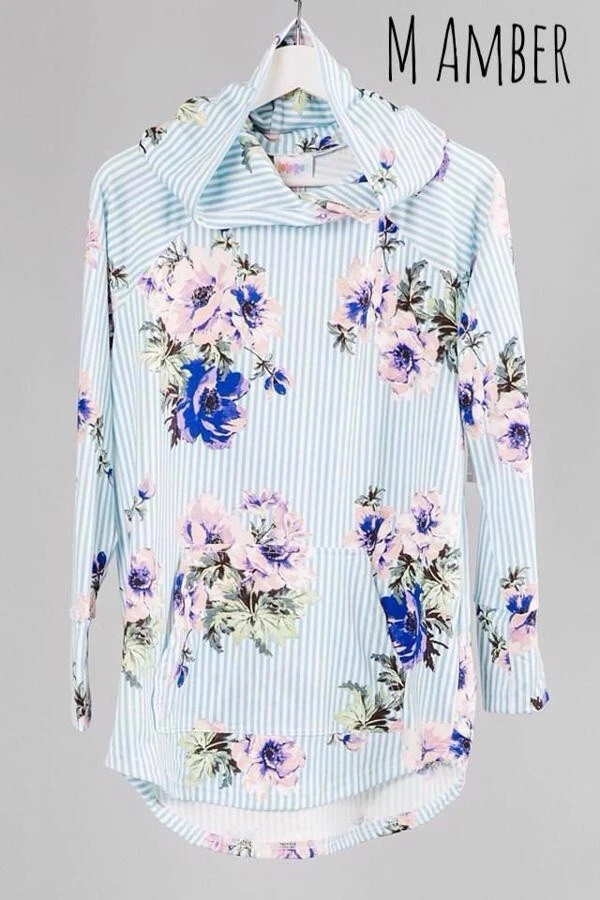 LuLaRoe Amber Lightweight Hoodie Blue White Striped Purple Floral M Medium