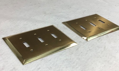 Two Toggle Electrical 3 Switch Wall Plates Brushed Brass No Screws Flip Up Down - Picture 2 of 4