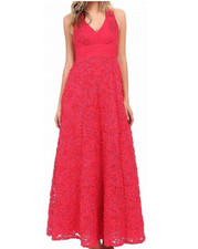 Aidan Mattox X1808 Lipstick Long Rosette Halter A-Line Gown Women Dress Size 6