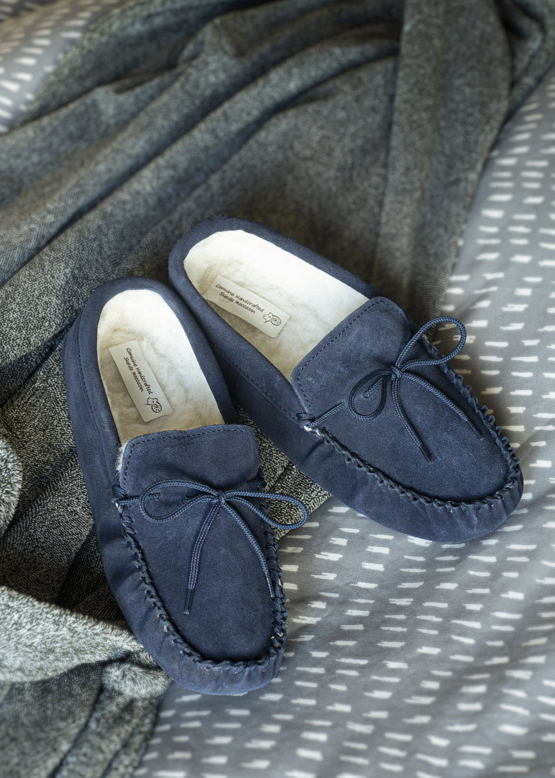 Men's Navy Suede Moccasin Slippers Soft 