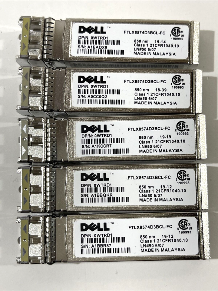 Lot of 5 Dell WTRD1 SFP10GSR Transceiver Module 850nm FTLX8571D3BCL