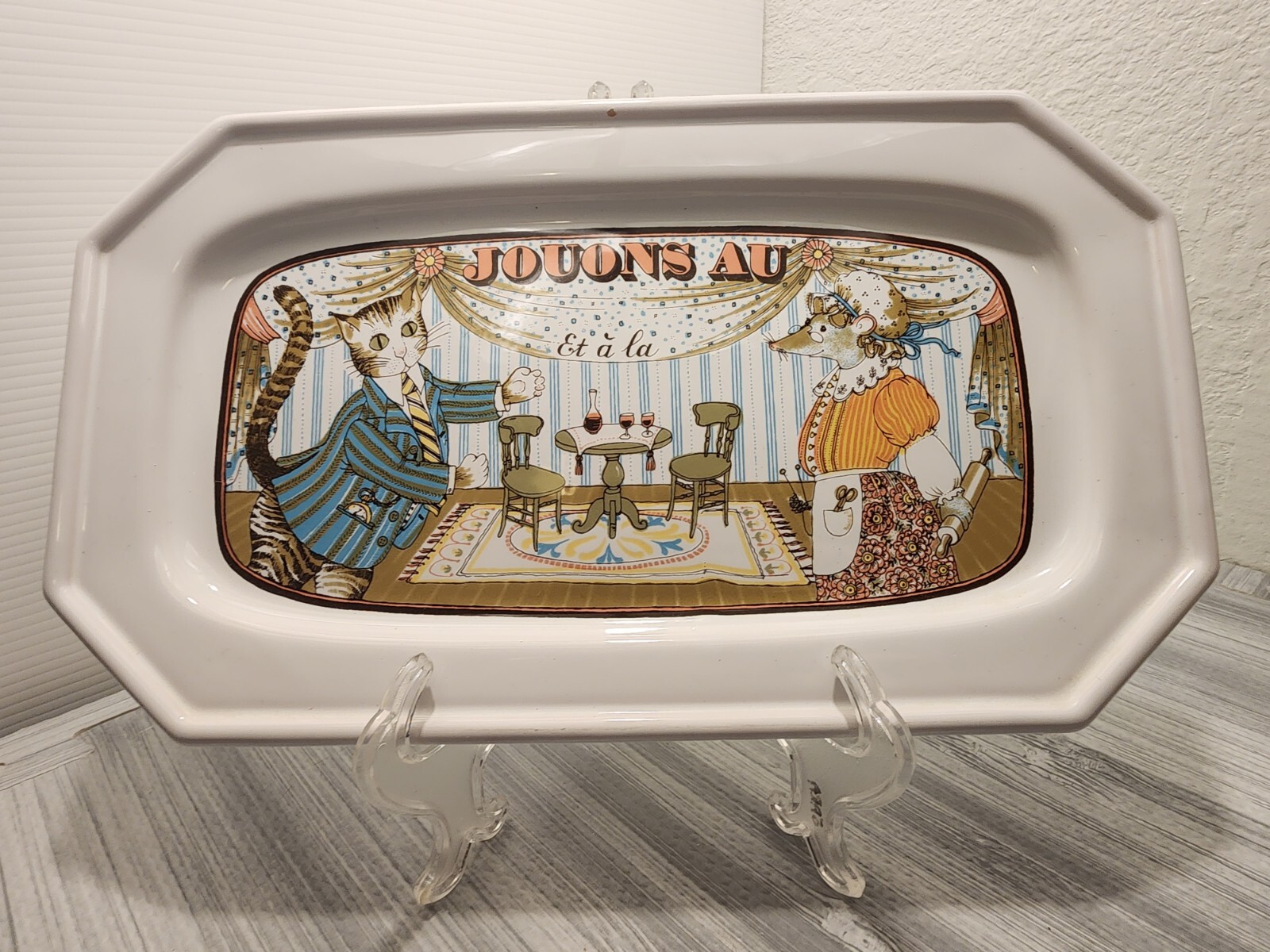 Estello 2 JOUONS AU Cat Cheese Serving tray Made in France Vintage RARE