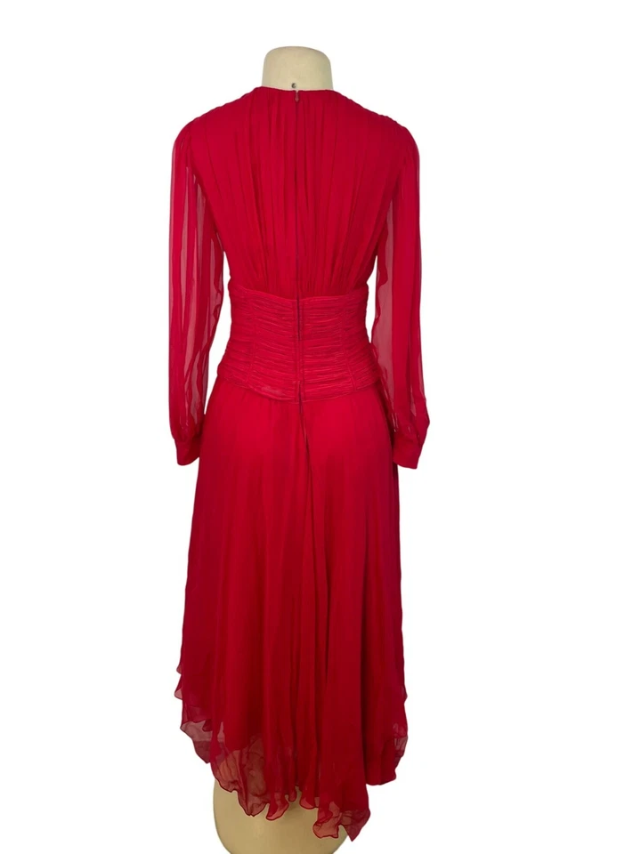 Винтажный красный длинным рукавом шифоновое платье со складками надежном лиф Sz 10 - Изображение 3 из 4