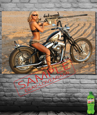 Sexy Motorcycle Gun Rifle Art Poster Beach Girl Model Banner Bikini fandom